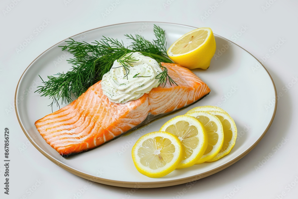 Chardonnay Poached Salmon with Dill Dijon Cream and Sliced Lemons Chardonnay Poached Salmon with Dill Dijon Cream and Sliced Lemons