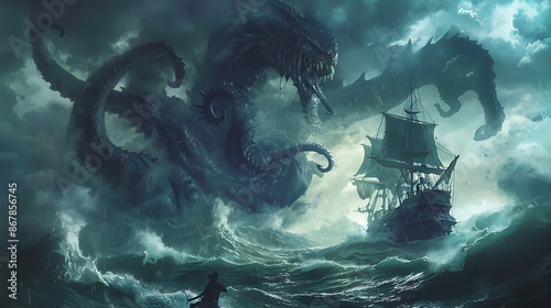 Join epic ship voyage through stormy seas with a fearless captain navigating through treacherous waters and mythical sea monsters ideal for adventure and maritime fantasy lovers photo