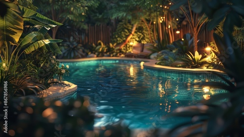 A cozy backyard pool at dusk © Ibad