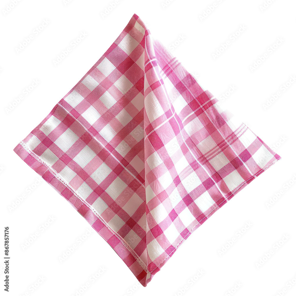 A pink and white checkered cloth napkin folded in a diagonal shape, perfect for dining and table setting decorations. A pink and white checkered cloth napkin folded in a diagonal shape, perfect for dining and table setting decorations.