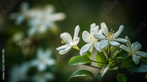 A close up of a bunch of white flowers with green leaves. The image has a serene and peaceful mood, as the flowers are in a natural setting