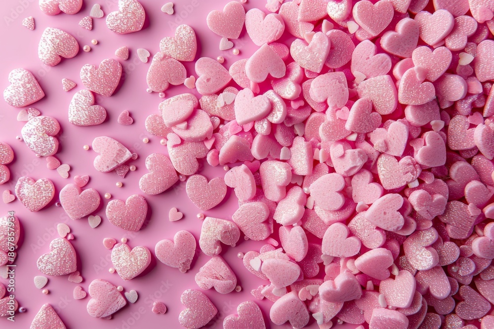 Pink Glitter Hearts Scattered on a Pink Background Pink Glitter Hearts Scattered on a Pink Background