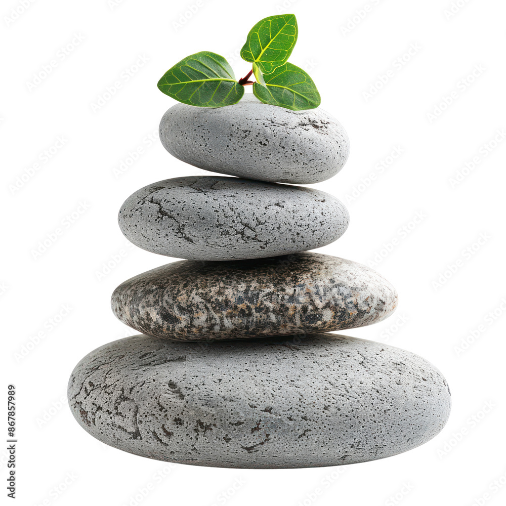 Stacked stones with green leaves on top symbolize balance and zen, perfect for wellness and meditation themes. Stacked stones with green leaves on top symbolize balance and zen, perfect for wellness and meditation themes.