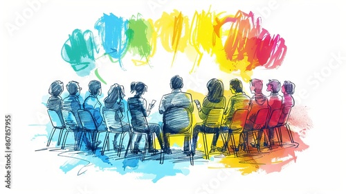 A group of diverse people sitting in a circle, each with a different colored thought bubble. photo