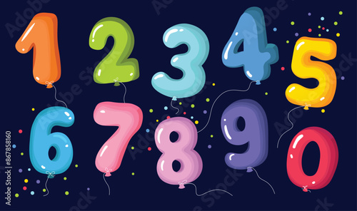 Colorful cartoon number balloons for kids from zero to nine. Vector illustration.