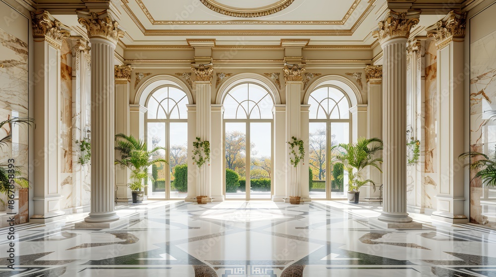 Naklejka premium A grand marble entrance hall with high ceilings and decorative pillars