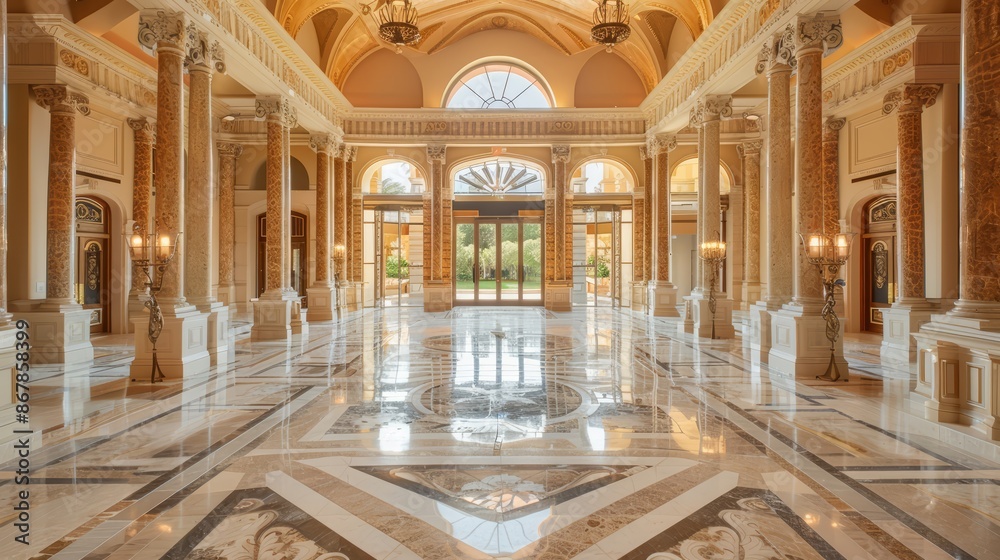 Obraz premium A grand marble entrance hall with high ceilings and decorative pillars
