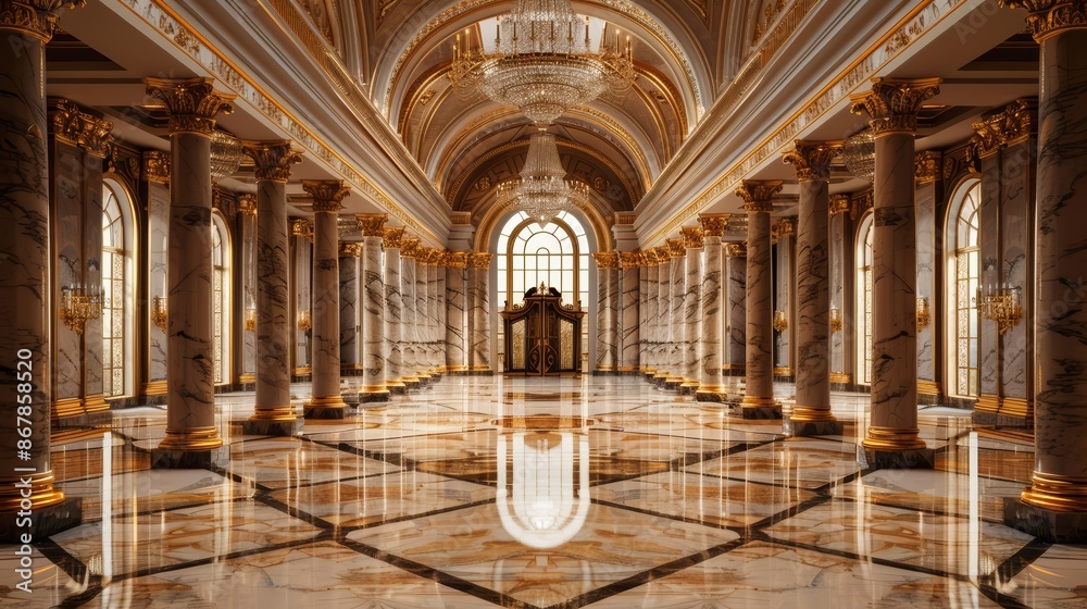 Obraz premium A grand marble entrance hall with high ceilings and decorative pillars