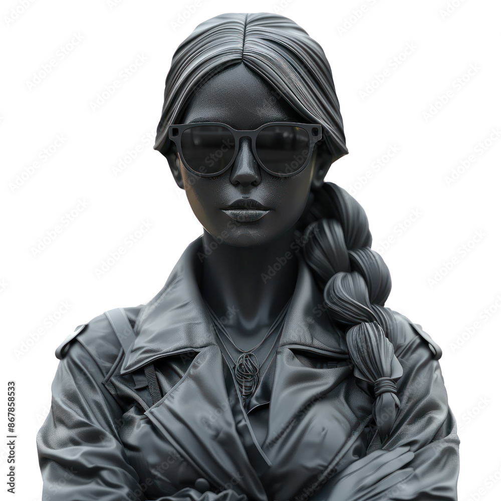 Modern monochrome statue of a stylish woman wearing sunglasses and a braided hairstyle, exuding cool confidence. Modern monochrome statue of a stylish woman wearing sunglasses and a braided hairstyle, exuding cool confidence.