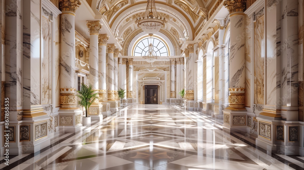Obraz premium A grand marble entrance hall with high ceilings and decorative pillars