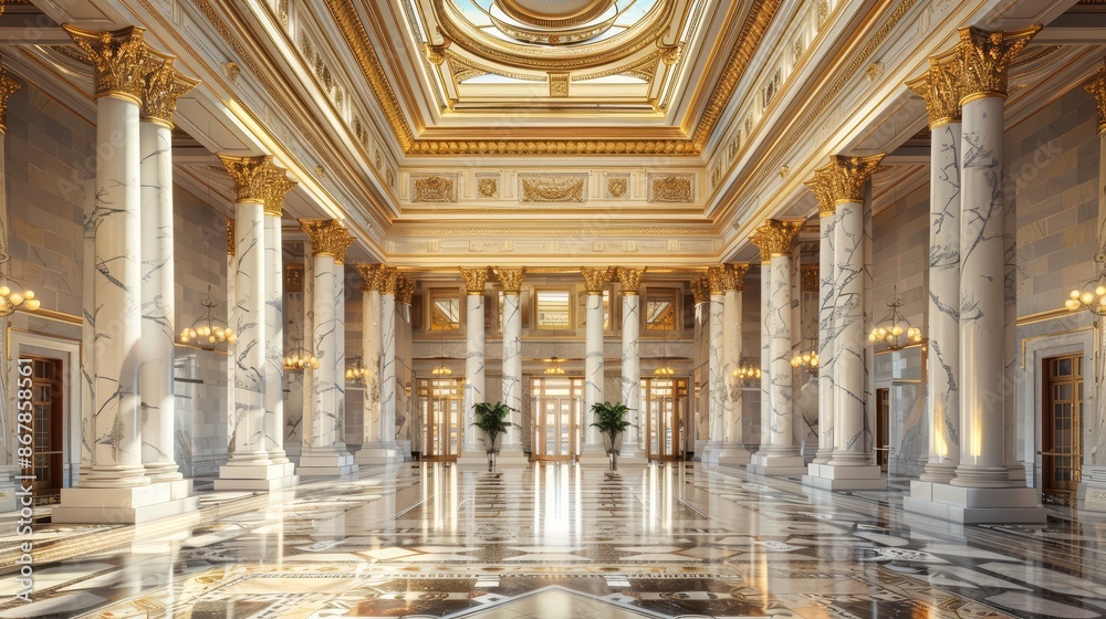 Fototapeta premium A grand marble entrance hall with high ceilings and decorative pillars