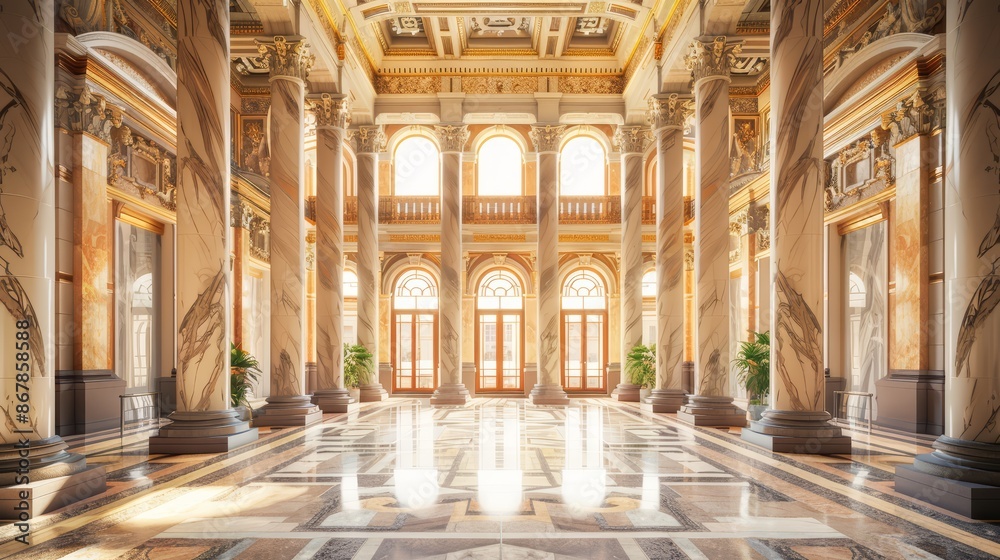 Fototapeta premium A grand marble entrance hall with high ceilings and decorative pillars