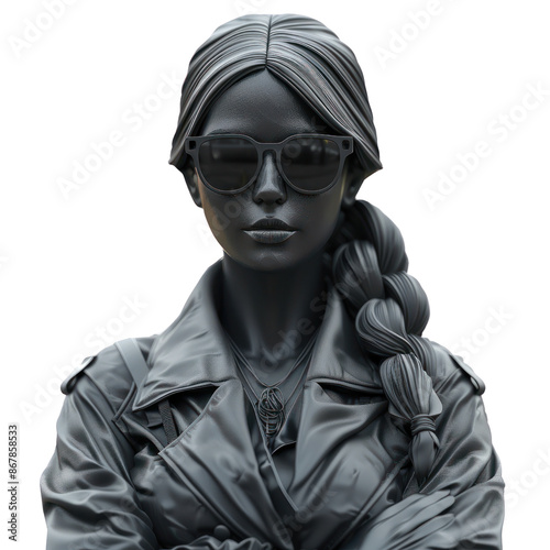 Modern monochrome statue of a stylish woman wearing sunglasses and a braided hairstyle, exuding cool confidence. © BoOm