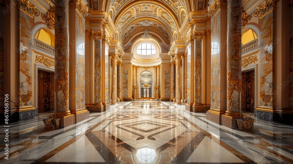 Fototapeta premium A grand marble entrance hall with high ceilings and decorative pillars
