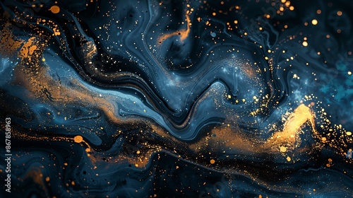 An abstract piece of art blending swirling dark blue hues with gold specks, creating a visually dynamic and captivating effect, perfect for contemporary aesthetics. photo