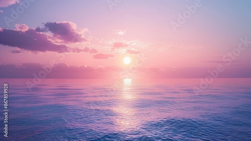 A stunning sunset over a calm ocean with serene pink and blue hues, calm waves, and a breathtaking horizon line, invoking peace and tranquility. photo