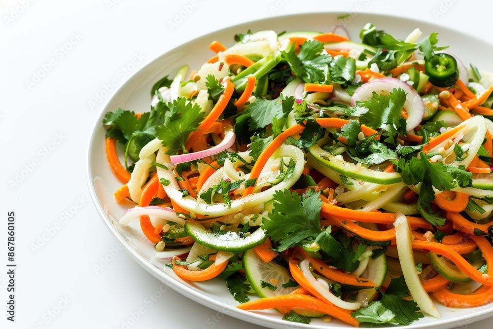 Refreshing Chayote-Jicama Salad with Lime Dressing on White Plate Refreshing Chayote-Jicama Salad with Lime Dressing on White Plate