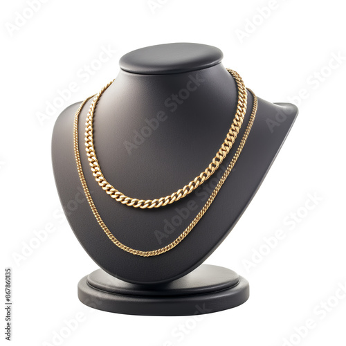 Gold necklace on black display stand isolated background