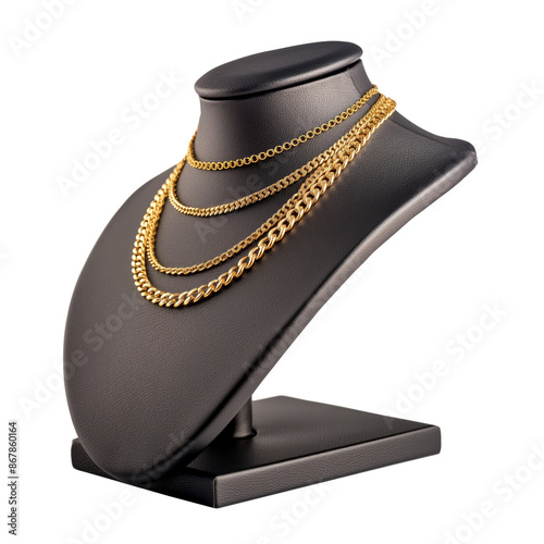 Gold necklace on necklace display stand isolated background