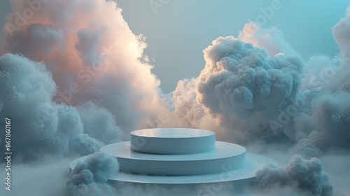 A visually stunning abstract image featuring a futuristic circular podium elevated amidst fluffy clouds in a serene sky, evoking sentiments of innovation, dreams, and possibilities.