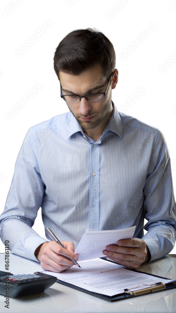 Businessman reviewing financial documents and performing calculations on a transparent background Businessman reviewing financial documents and performing calculations on a transparent background
