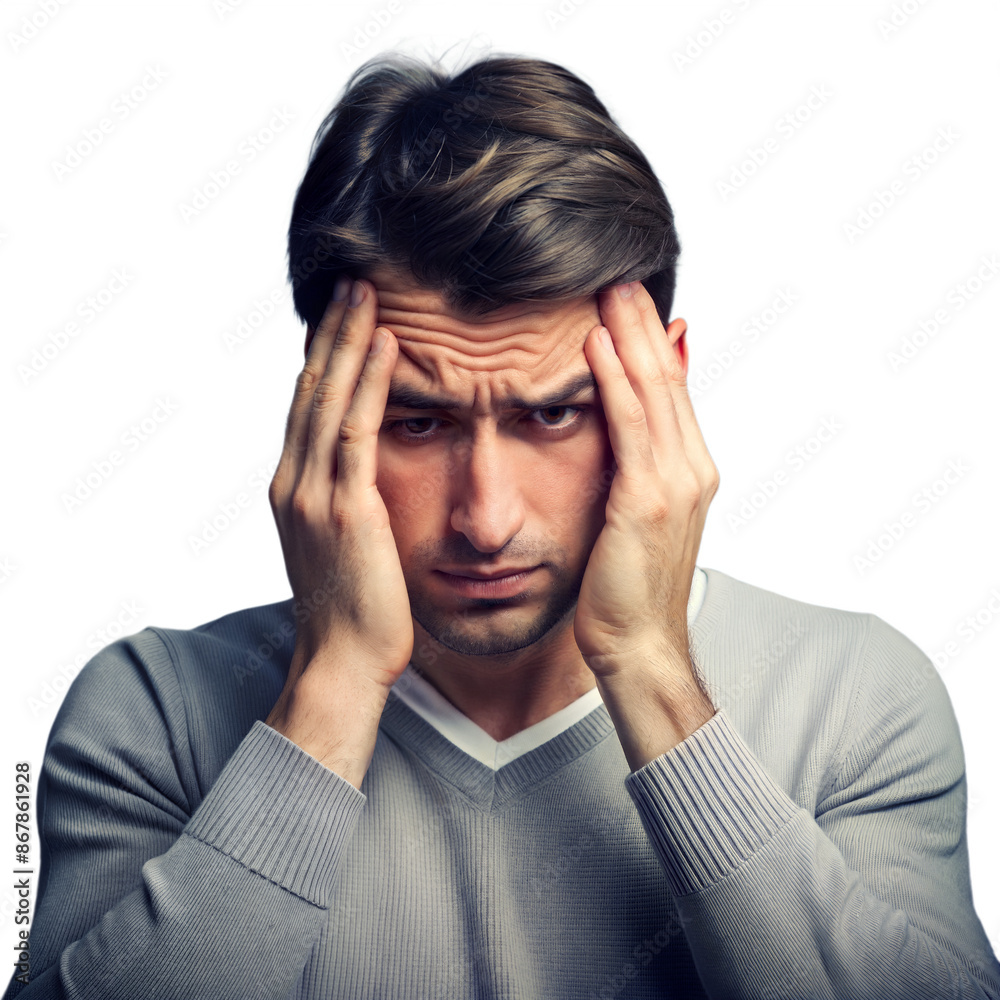 A man experiencing anxiety and stress shown in a close-up portrait on a transparent background A man experiencing anxiety and stress shown in a close-up portrait on a transparent background