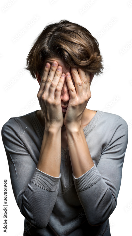 Person feeling anxious and showing signs of stress on transparent background Person feeling anxious and showing signs of stress on transparent background