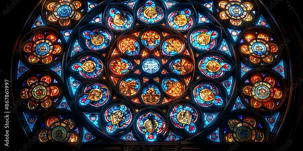 Circular stained glass window with intricate designs and bright colors Circular stained glass window with intricate designs and bright colors