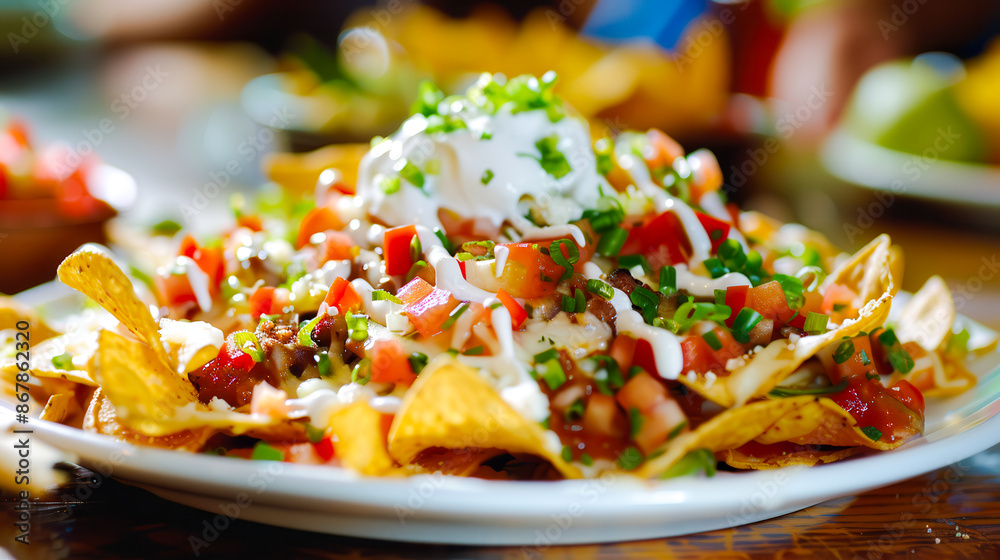 A full plate of nachos with topping and melted cheese. The dish up close. A delicious, tasty dish served in a restaurant