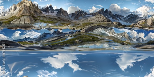 A panoramic landscape of a majestic mountain range with snow-covered peaks, mirrored on a tranquil lake under a dramatic sky.