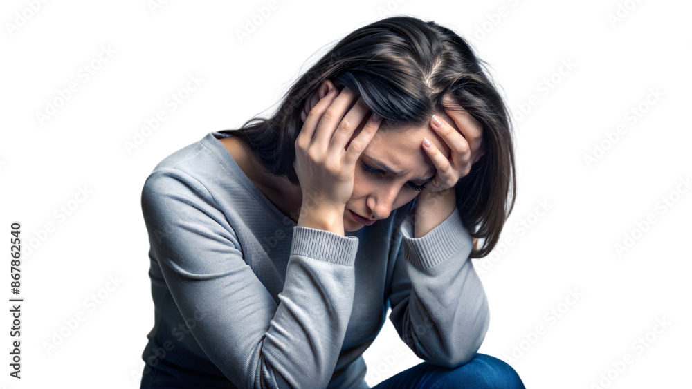 Depressed woman feeling sad and stressed holding her head with hands on transparent background Depressed woman feeling sad and stressed holding her head with hands on transparent background