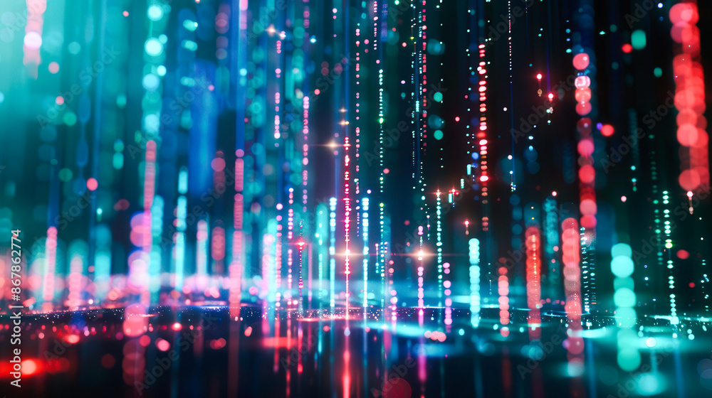 Fototapeta premium Futuristic holographic financial graph, shiny dots on dark background. The financial data.