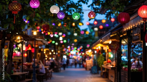Wallpaper Mural A busy street with colorful lights and people walking around. Scene is lively and festive Torontodigital.ca