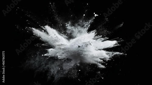 This image showcases an abstract explosion of white powder perfectly frozen against a black background, highlighting its dynamic energy and intricate details. © qorqudlu
