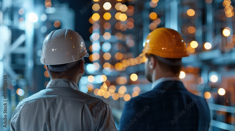 Fototapeta premium Two men wearing hard hats are standing next to each other in a dimly lit industrial setting. Scene is serious and focused, as the men are likely discussing important matters related to their work