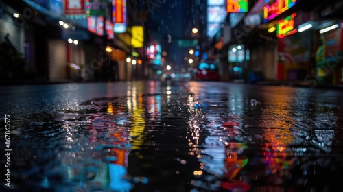 A city street at night with rain and reflections of lights on the wet pavement. Scene is somewhat melancholic, as the rain and reflections create a sense of isolation and loneliness