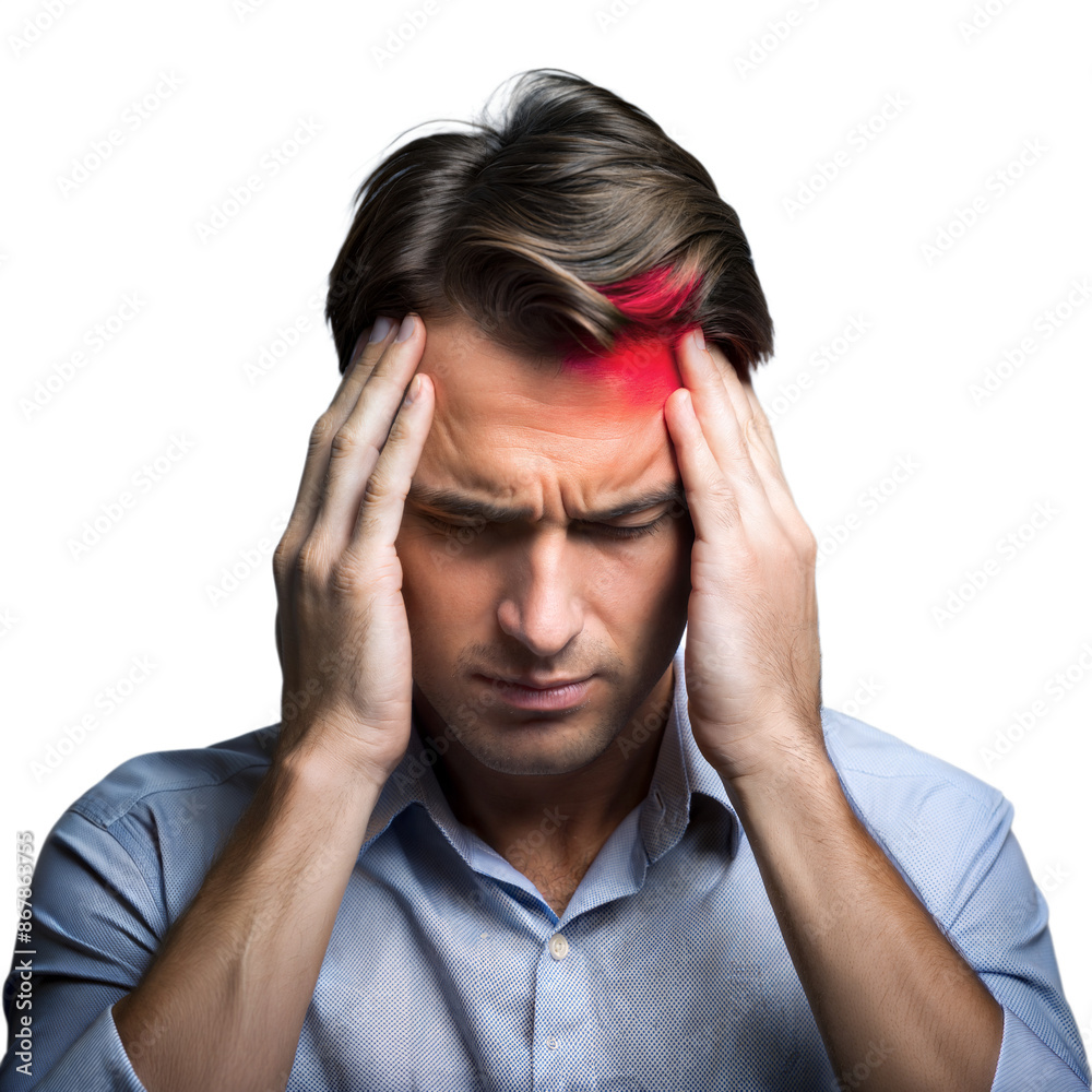 Fototapeta premium Man holding head in pain illustrating headache or stress on transparent background