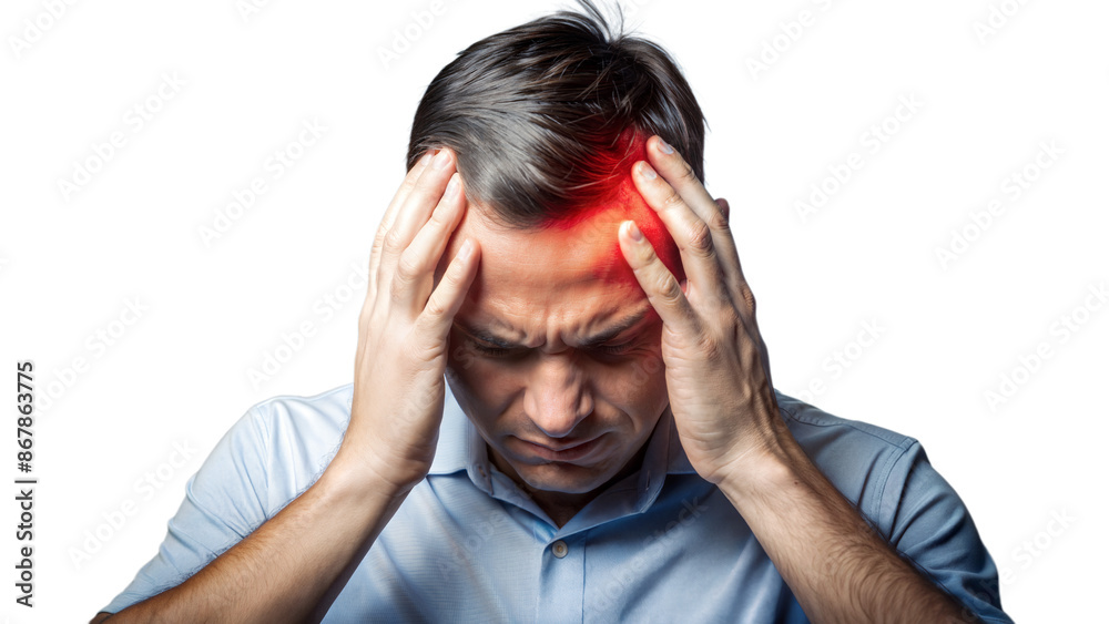 Person holding head in pain with red highlighted area on transparent background Person holding head in pain with red highlighted area on transparent background