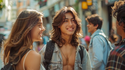 A lively group of friends enjoying time together, laughing and conversing on a bustling city street, dressed in casual attire and accessorized with backpacks.