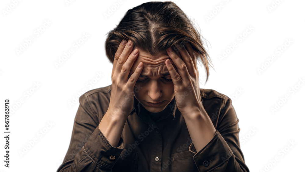 Person holding their head in pain on a transparent background suggesting stress or headache Person holding their head in pain on a transparent background suggesting stress or headache