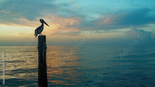 Solitary brown pelican perched on wooden post by the sea gazing at ocean and sky in early hours