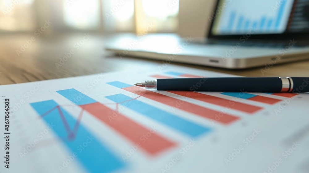 Pen resting on financial bar graph with laptop in the background. Pen resting on financial bar graph with laptop in the background.