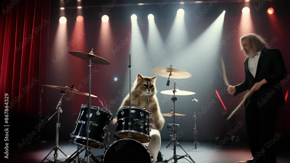 cat plays a drum set on a stage with bright lighting, next to a conductor with a stick in his hand