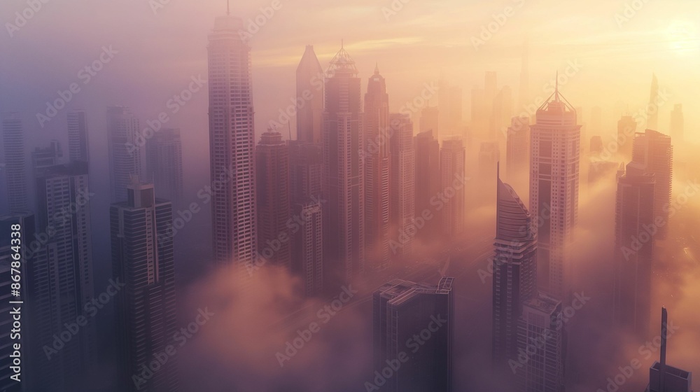 Skyscrapers shrouded in fog during sunrise in a modern cityscape. Skyscrapers shrouded in fog during sunrise in a modern cityscape.