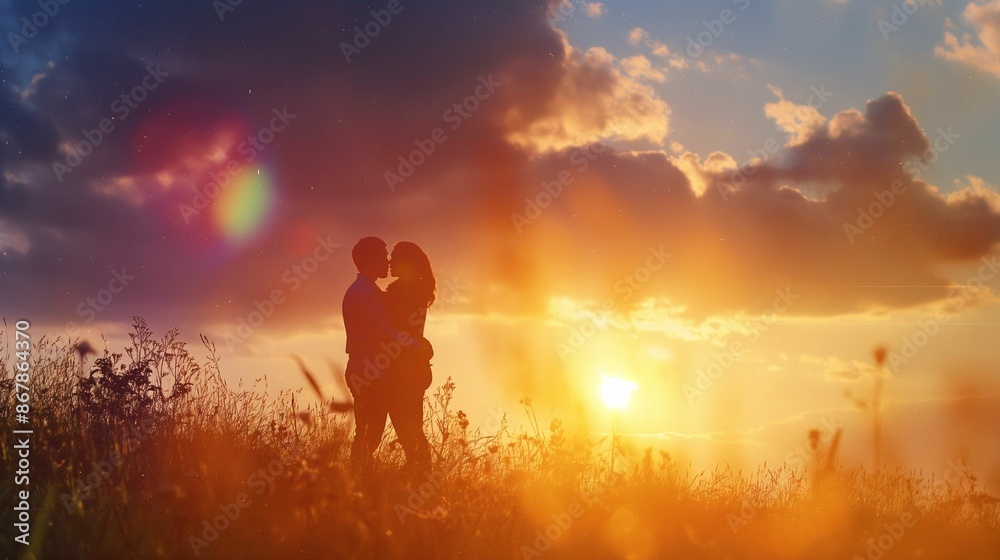 Fototapeta premium Silhouette of a couple kissing in a field at sunset.
