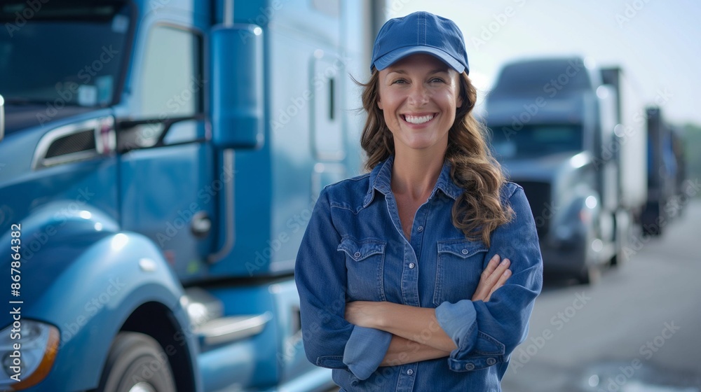Female truck driver smiling with arms crossed in front of a blue semi-truck. Female truck driver smiling with arms crossed in front of a blue semi-truck.
