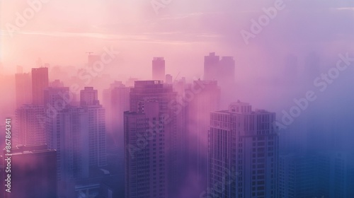 Skyscrapers shrouded in fog during sunrise in a modern cityscape.