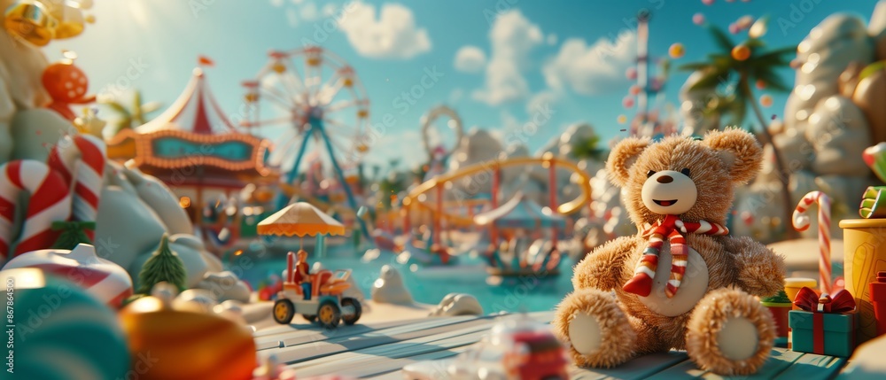 A teddy bear sits on an amusement park table, surrounded by candy canes and toys. In the background is an aquapark with white clouds in the sky A teddy bear sits on an amusement park table, surrounded by candy canes and toys. In the background is an aquapark with white clouds in the sky