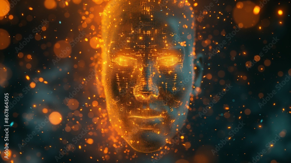 Abstract digital face composed of glowing particles and cubes. Abstract digital face composed of glowing particles and cubes.