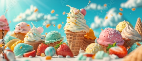 A whimsical ice cream world with colorful, playful cones and soft serve, set against a sky blue background, summer wallpaper © OHMAl2T